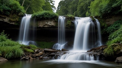 Obraz premium Cascading waterfall in lush green forest. (1)