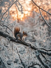 Obraz premium A Curious Squirrel Perched on a Frosted Branch at Sunset in a Winter Wonderland, Showcasing Nature’s Beauty and Serenity in a Magical Atmosphere