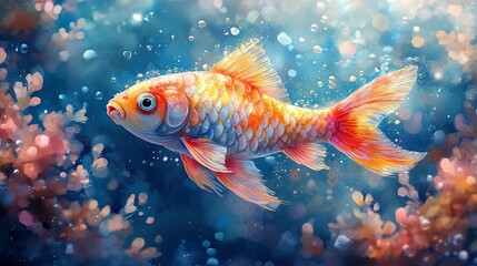 Vibrant Orange Goldfish Swims Underwater Amidst Coral