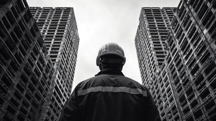 Fototapeta premium Construction worker looking up at skyscrapers.