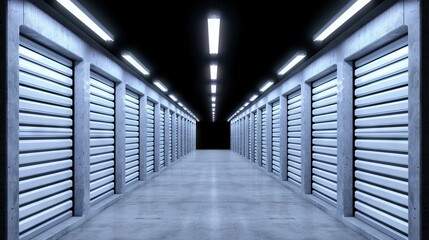Fototapeta premium Empty storage unit corridor with bright lights