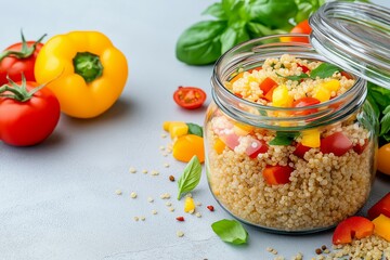 Healthy Quinoa Salad in Jar with Fresh Vegetables and Basil Leaves on Gray Background