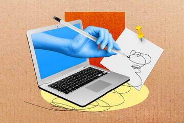 Composite trend artwork 3D sketch photo collage of one hand appear computer monitor work laptop...