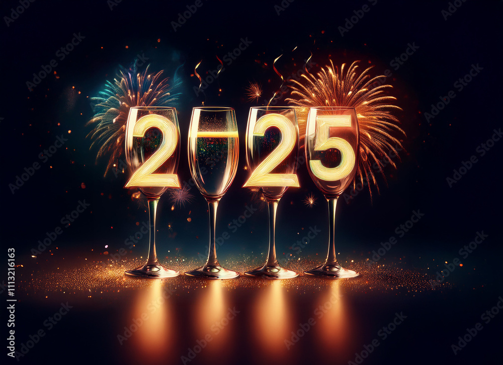Poster elegant champagne flutes filled with sparkling liquid form the number 2025, set against a backdrop o