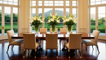 Fototapeta premium eight-seat dining room with lovely views and flower vases on the table