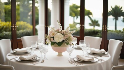 Fototapeta premium eight-seat dining room with lovely views and flower vases on the table