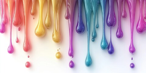 Abstract illustration of colorful slime drops. Rainbow gradient colors flow downwards. Transparent liquid effect creates dynamic look. 3D illustration on white background. Visually appealing design