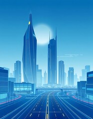 Fototapeta premium A serene futuristic cityscape of tomorrow, bathed in a soft blue twilight sky with a subtle ethereal glow
