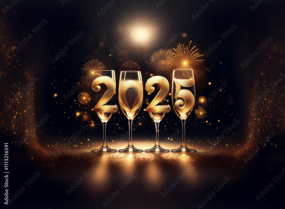 Poster elegant champagne flutes form the number 2025 against a dark background, illuminated by sparkling fi