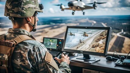Military drone pilot controlling unmanned aircraft from command center