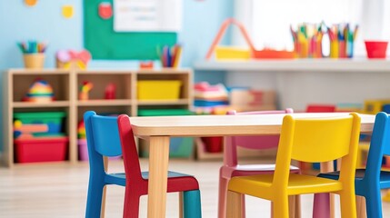 Brightly colored chairs and a table in a children's classroom filled with educational toys.