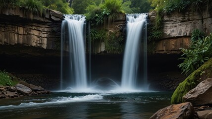 Obraz premium Serene twin waterfalls cascading over rocks into a calm pool, lush green foliage surrounds.