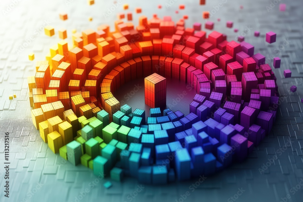 Poster colorful circular data blocks swirl in high-tech design. abstract tech blocks illustrate information