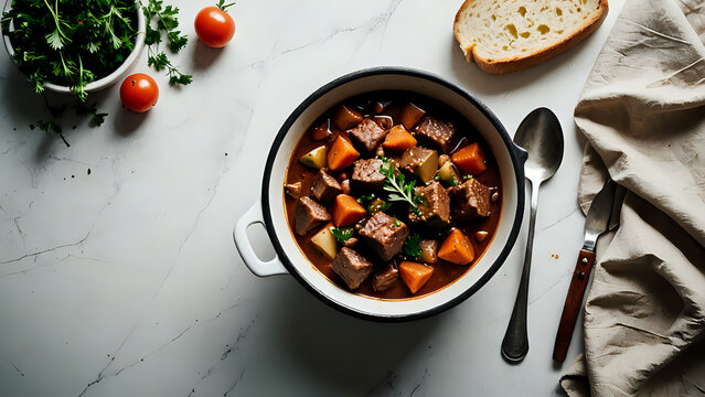 top view of stewed meat (beaf or lamb) soup with carrots and potato, empty space for text, 300dpi