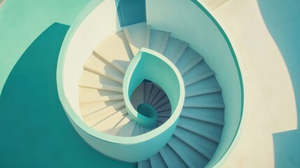 Fototapeta premium Spiral staircase, teal and cream, modern, architectural, design, interior, exterior, perspective, upward, winding, spiral, steps, concrete, light, shadow