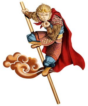 Cartoon character of Sun Wukong or monkey king illustration isolated on transparent background.