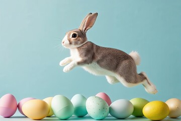 Charming Easter Bunny Jumping Through Colorful Pastel Eggs
