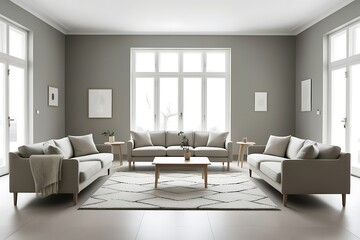 Fototapeta premium Modern living room with beige sofas, rug, coffee table, and large windows.