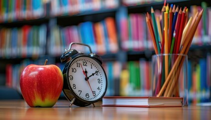Back to School Supplies with Alarm Clock, Apple, Book and Colored Pencils