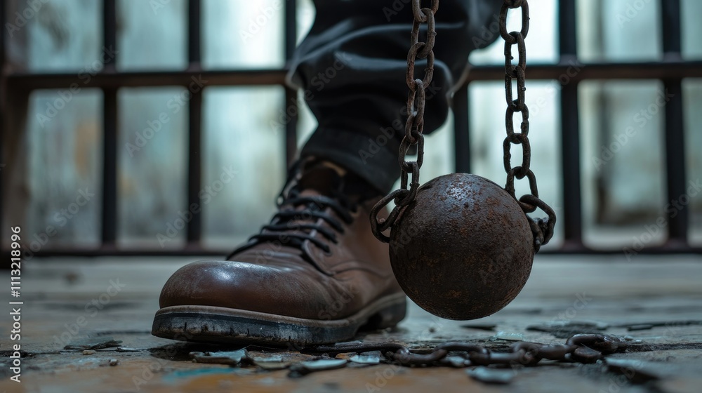 Poster a ball and chain attached to a prisoner's ankle, with broken prison bars in the background, symboliz