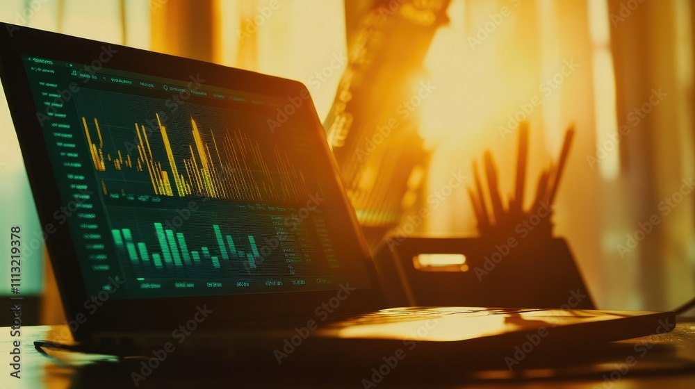 Aufkleber a bright office setting featuring a close-up of a laptop screen with financial graphs and analytics,