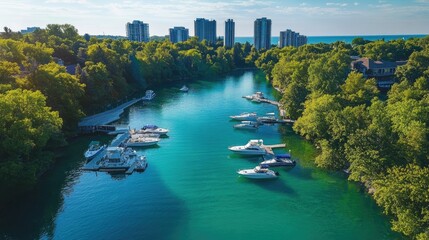 A captivating aerial photograph of Traverse City Marina, with several boats docked on sparkling water, surrounded by trees and the Michigan skyline
