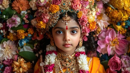 Fototapeta premium A child adorned in Lord Krishna attire, surrounded by flowers and jewelry, posing against a dynamic floral backdrop, showcasing the spirit of Hindu traditions.