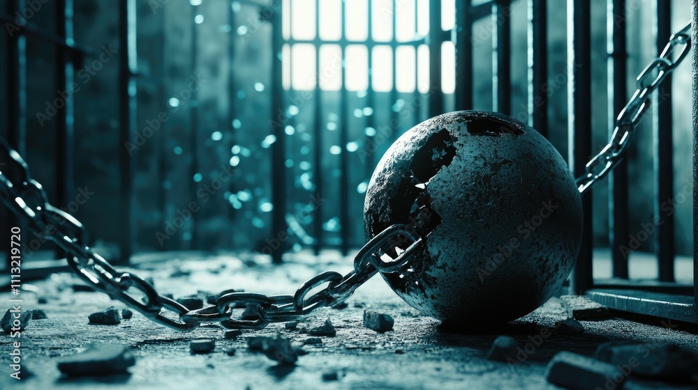 Poster a close-up of a broken ball and chain, with broken prison bars in the background, capturing the tens