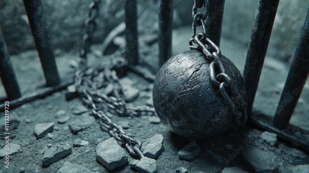 Poster a close-up of a broken ball and chain, with broken prison bars in the background, capturing the tens
