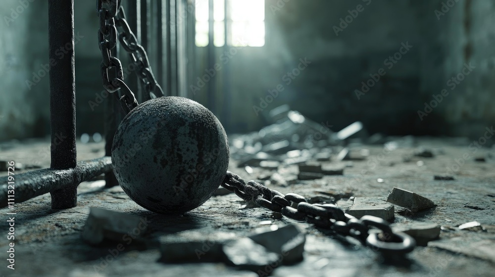 Aufkleber a close-up of a broken ball and chain, with broken prison bars in the background, capturing the tens