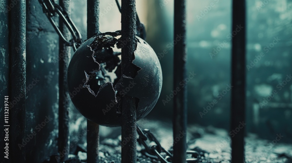 Poster a close-up of a broken ball and chain, with broken prison bars in the background, capturing the tens