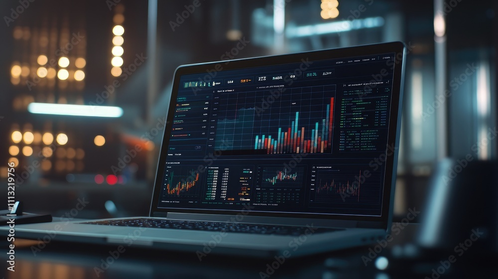 Poster a close-up of a laptop screen displaying a detailed financial data dashboard, showcasing advanced te