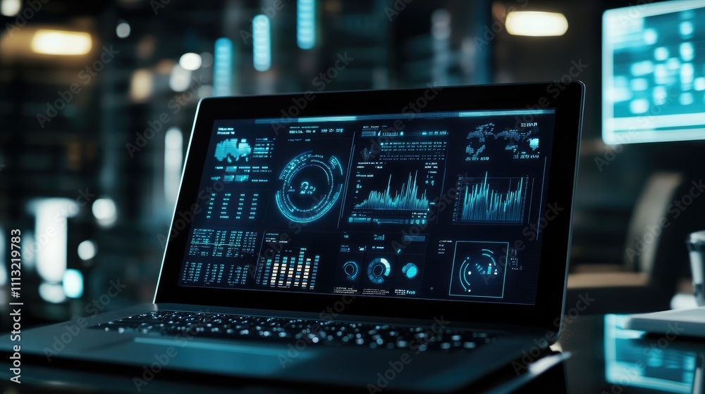 Poster a close-up of a laptop screen displaying a detailed financial data dashboard, showcasing advanced te