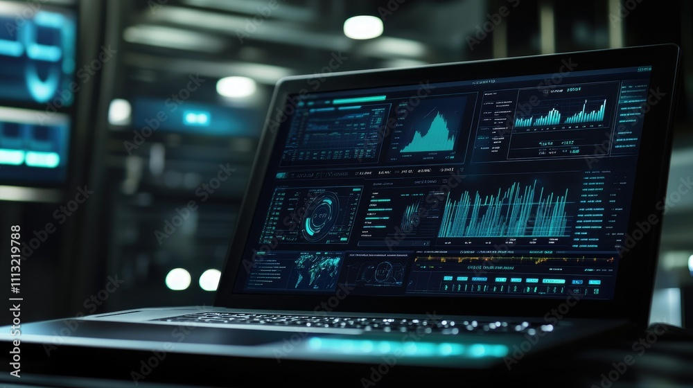 Poster a close-up of a laptop screen displaying a detailed financial data dashboard, showcasing advanced te