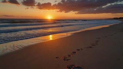 Sunset beach scene with footprints in the sand.