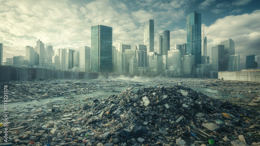 Aufkleber a futuristic city with a massive garbage heap in the foreground, contrasted by sleek, modern skyscra