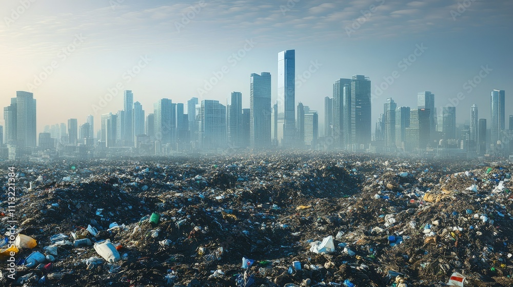 Poster a futuristic city with a massive garbage heap in the foreground, contrasted by sleek, modern skyscra