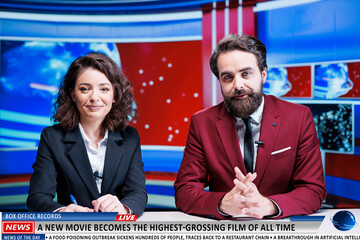 New film introduced on television, crew of media individuals praise how movie surpassed box office...