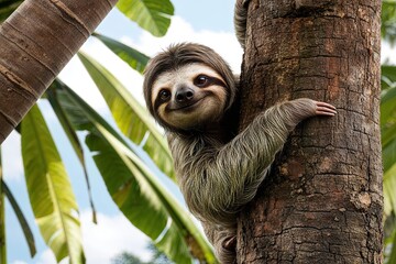 Fototapeta premium Charming Sloth Hiding in Tropical Tree Trunk Under Summer Sun Banner