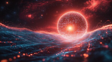 Obraz premium A red and blue planet with a glowing orb in the center