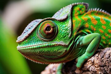 Obraz premium Stunning Macro Closeup of Vibrant Green Chameleon with Colorful Hues and Intricate Eye Detail