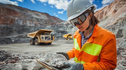 A mining geologist in field gear and helmet, examining a rock sample with large mining trucks and an open-pit mine in the background, Mining exploration scene