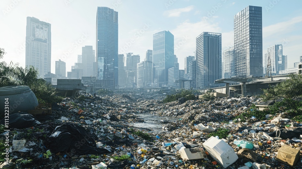 Poster A stark contrast of a garbage heap in the foreground and towering modern buildings in the background, with a clear sky, depicting a dystopian future where waste has overtaken urban spaces.