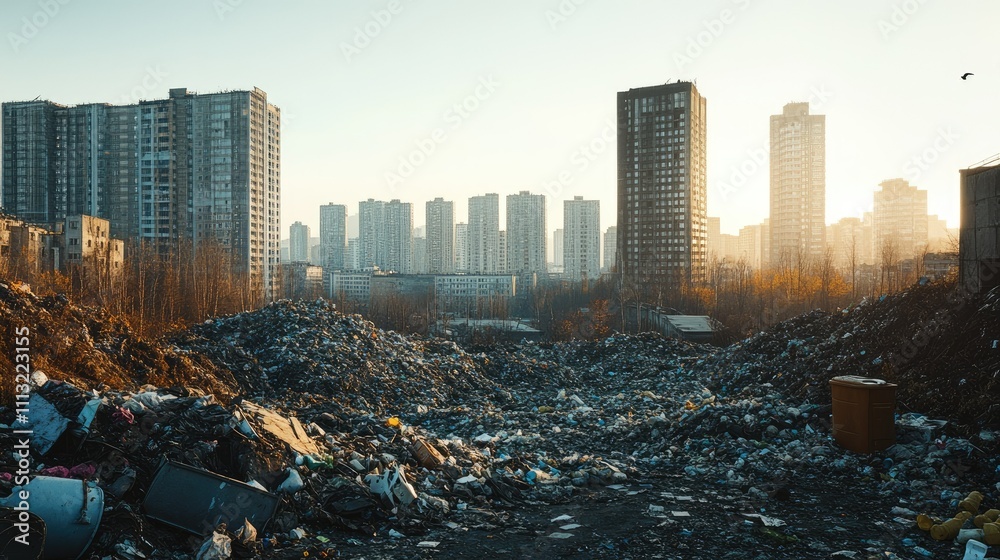 Aufkleber A stark contrast of a garbage heap in the foreground and towering modern buildings in the background, with a clear sky, depicting a dystopian future where waste has overtaken urban spaces.