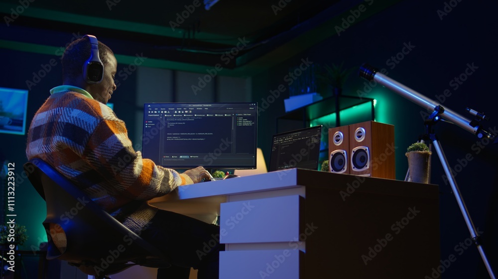 Poster african american worker at desk using personal computer for programming and data analysis. male netw