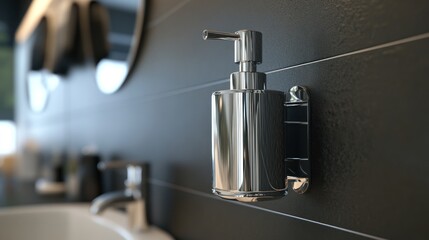 Modern Chrome Soap Dispenser on Dark Tile Wall in Bathroom