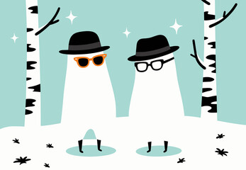 Two ghosts wearing hats and glasses stand in a whimsical forest scene