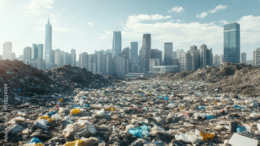 Poster an urban landscape with a large garbage pile in the foreground, modern skyscrapers rising in the bac