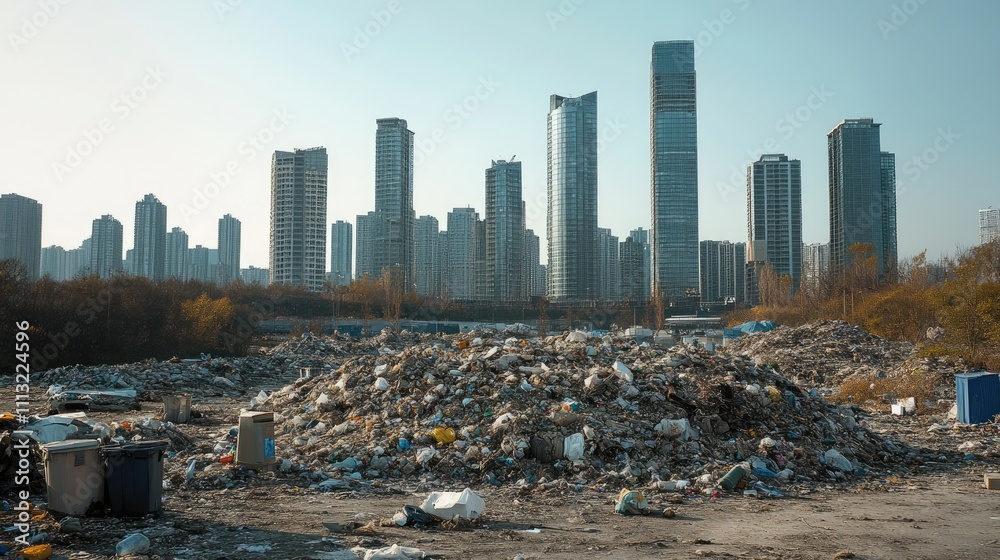 Poster an urban landscape with a large garbage pile in the foreground, modern skyscrapers rising in the bac
