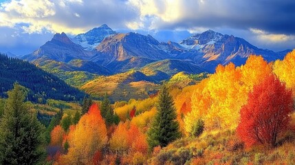 Obraz premium The Continental Divide near Ridgway, Colorado, in autumn, with rich fall colors adorning the landscape, set against the towering mountains.